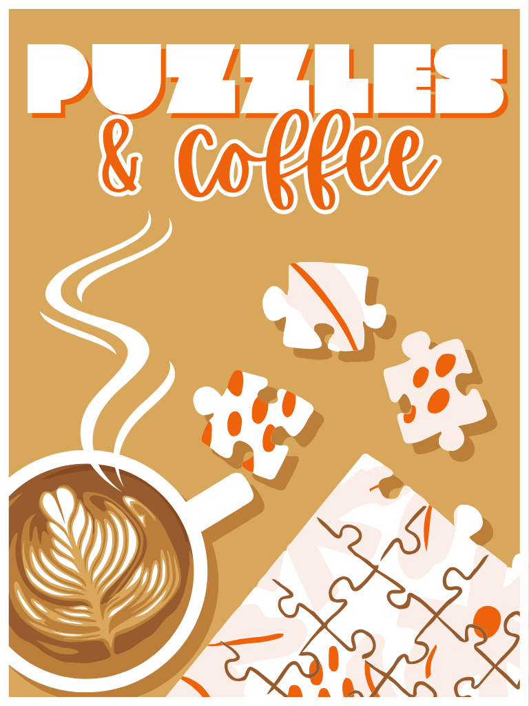 Puzzles & coffee on brown background with puzzle pieces and cup of coffee
