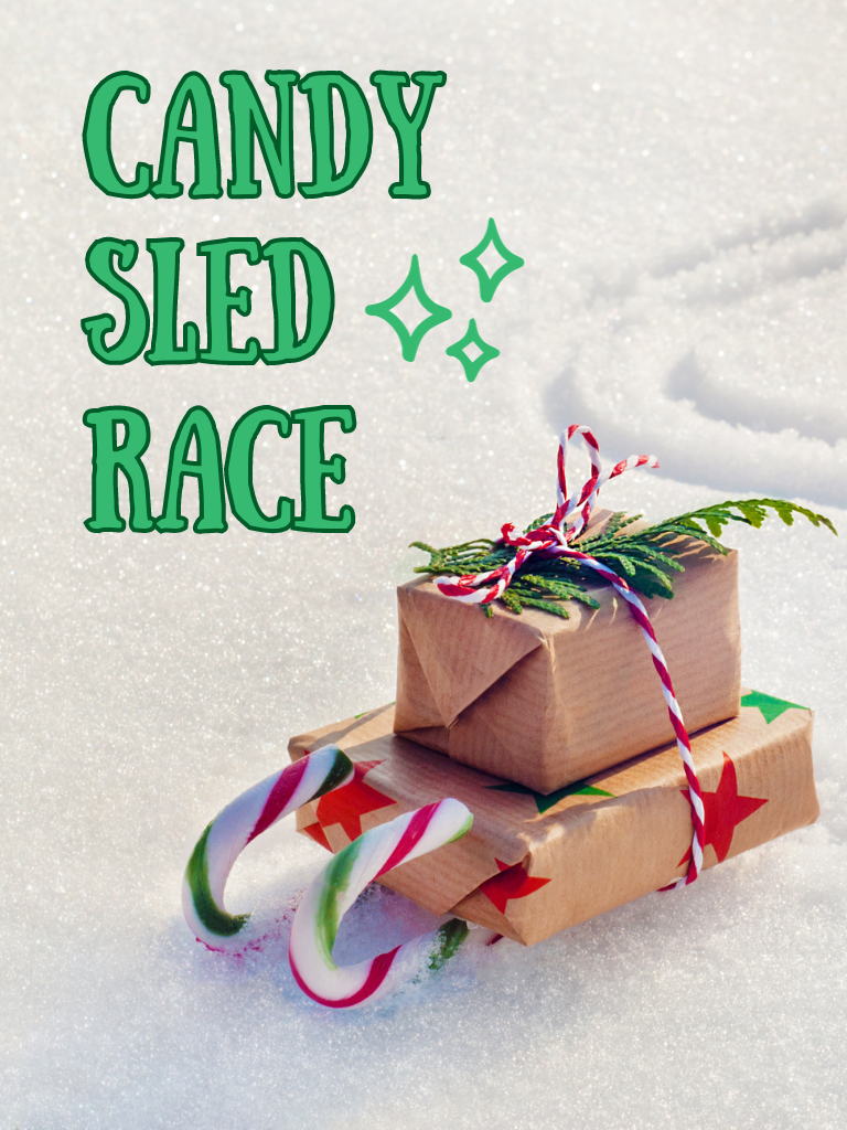 a sled made of candy canes and packages, text reads "candy sled race"