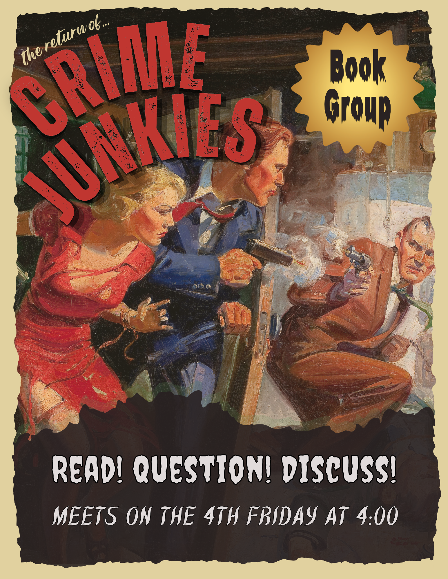 vintage illustration with block lettering 'crime junkies'