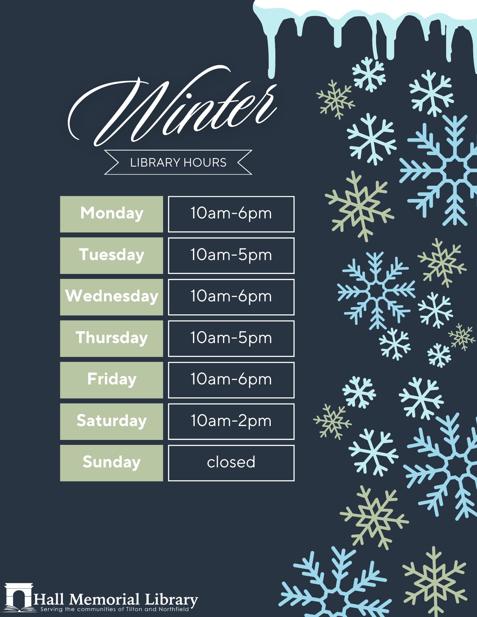 Winter Hours begin November 1st, 2024. List of New Hours. MWF 10-6 and T/TH 10-5. Saturdays 10-2