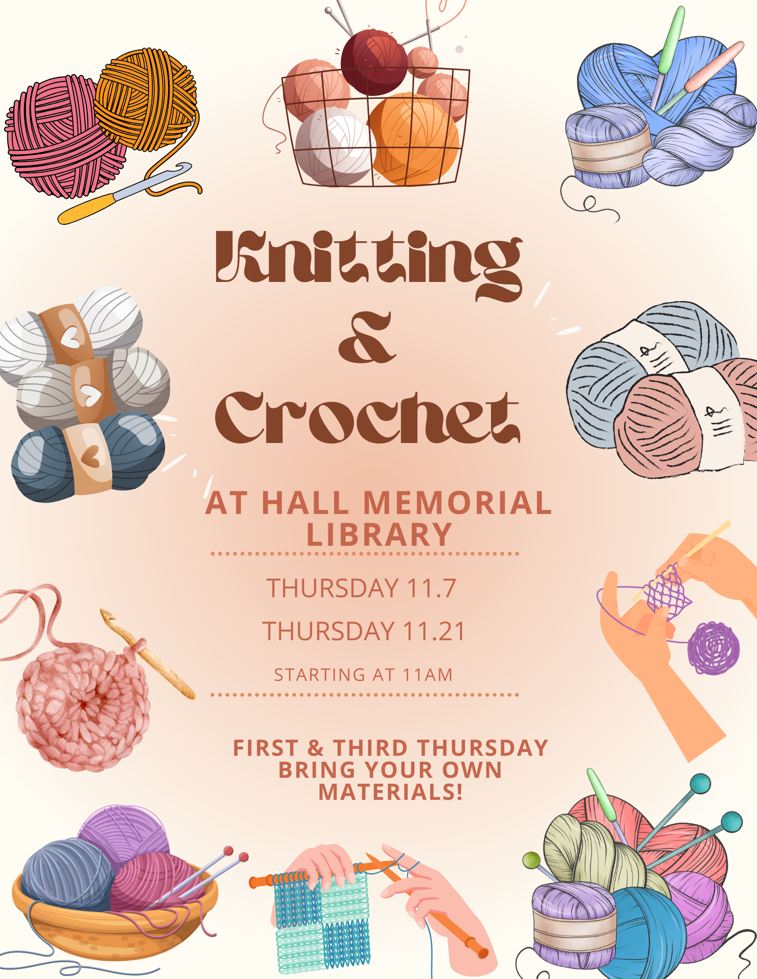 Knitting & Crochet: 1st & 3rd Thursday of the month @ 11 am