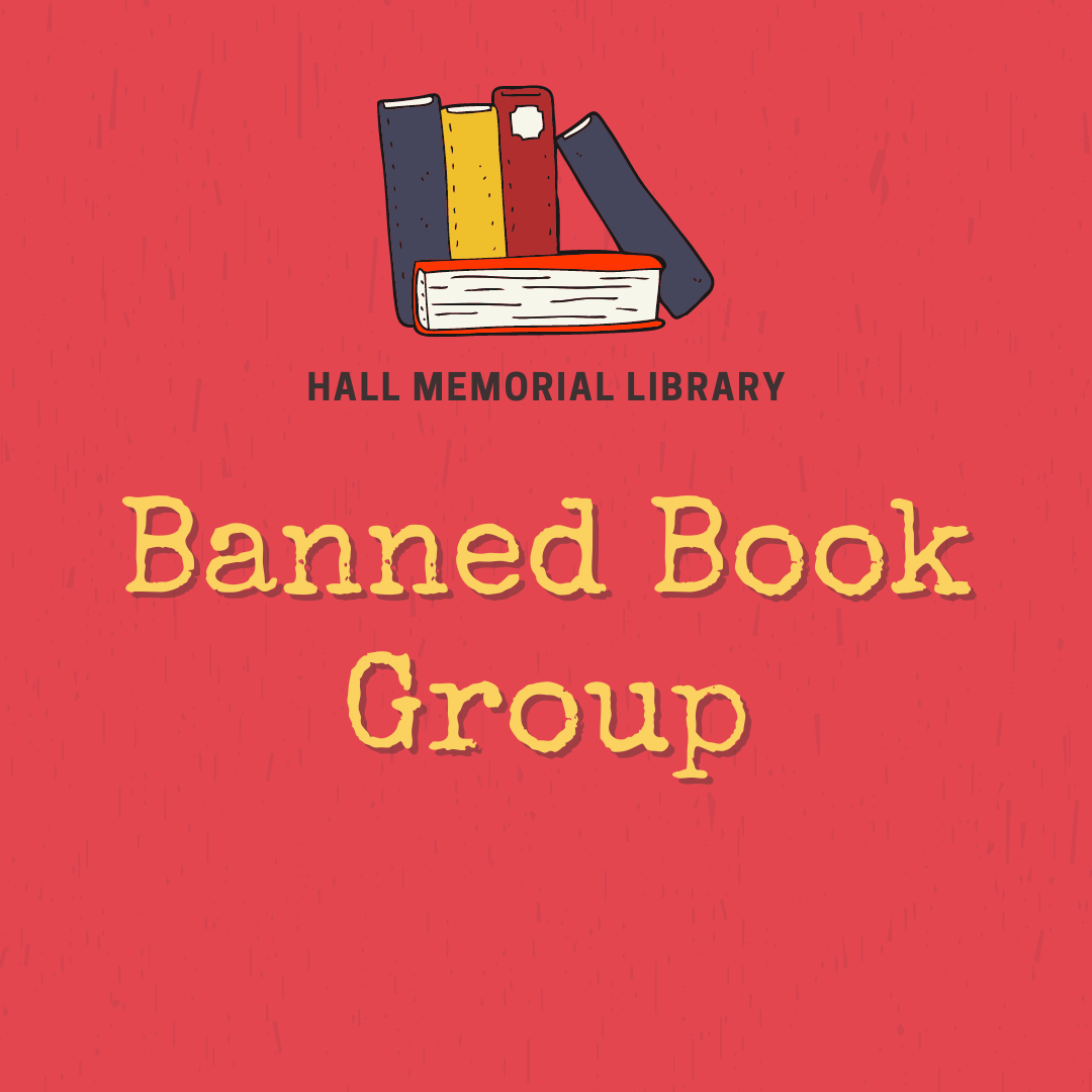 pile of illustrated books. Text reads "hall memorial library" and "banned book group"
