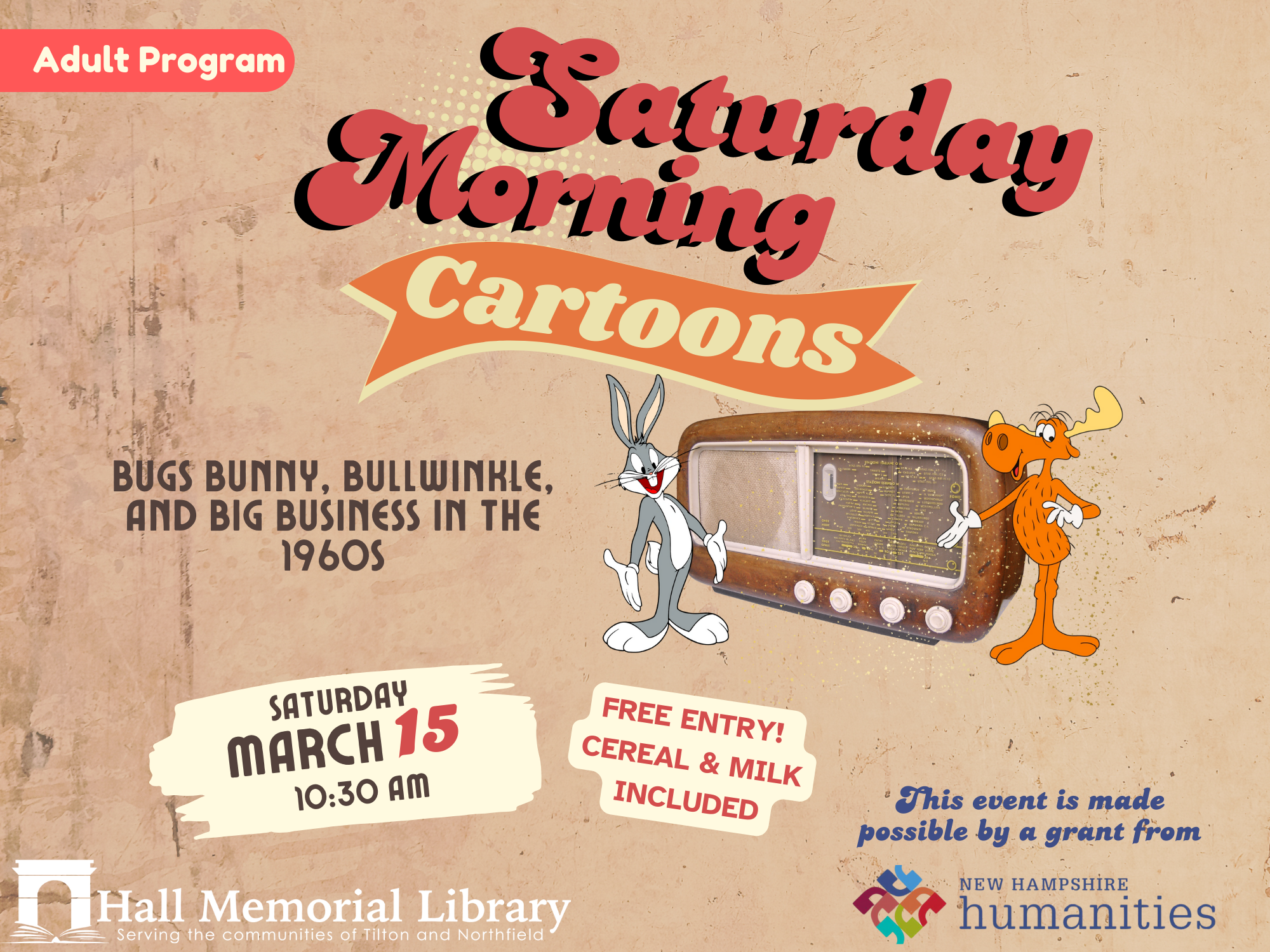 Saturday morning cartoons with an image of an old radio/tv with bugs bunny and bullwinkle 