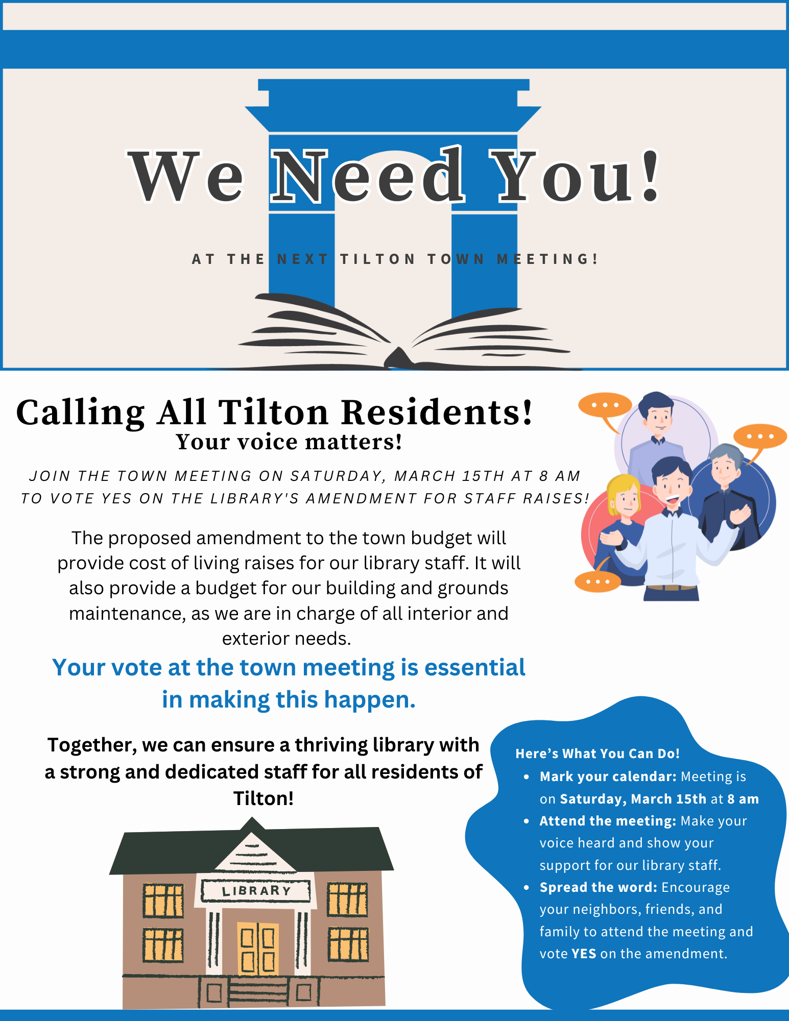 hall memorial library logo with the words We Need You at the next Tilton town meeting on the front