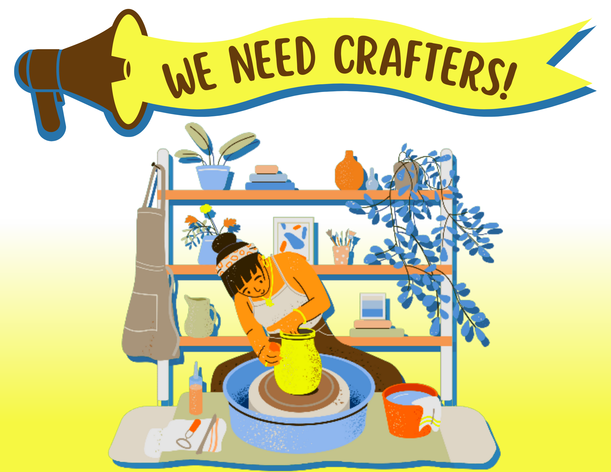 woman spinning pottery banner reads "we need crafters"
