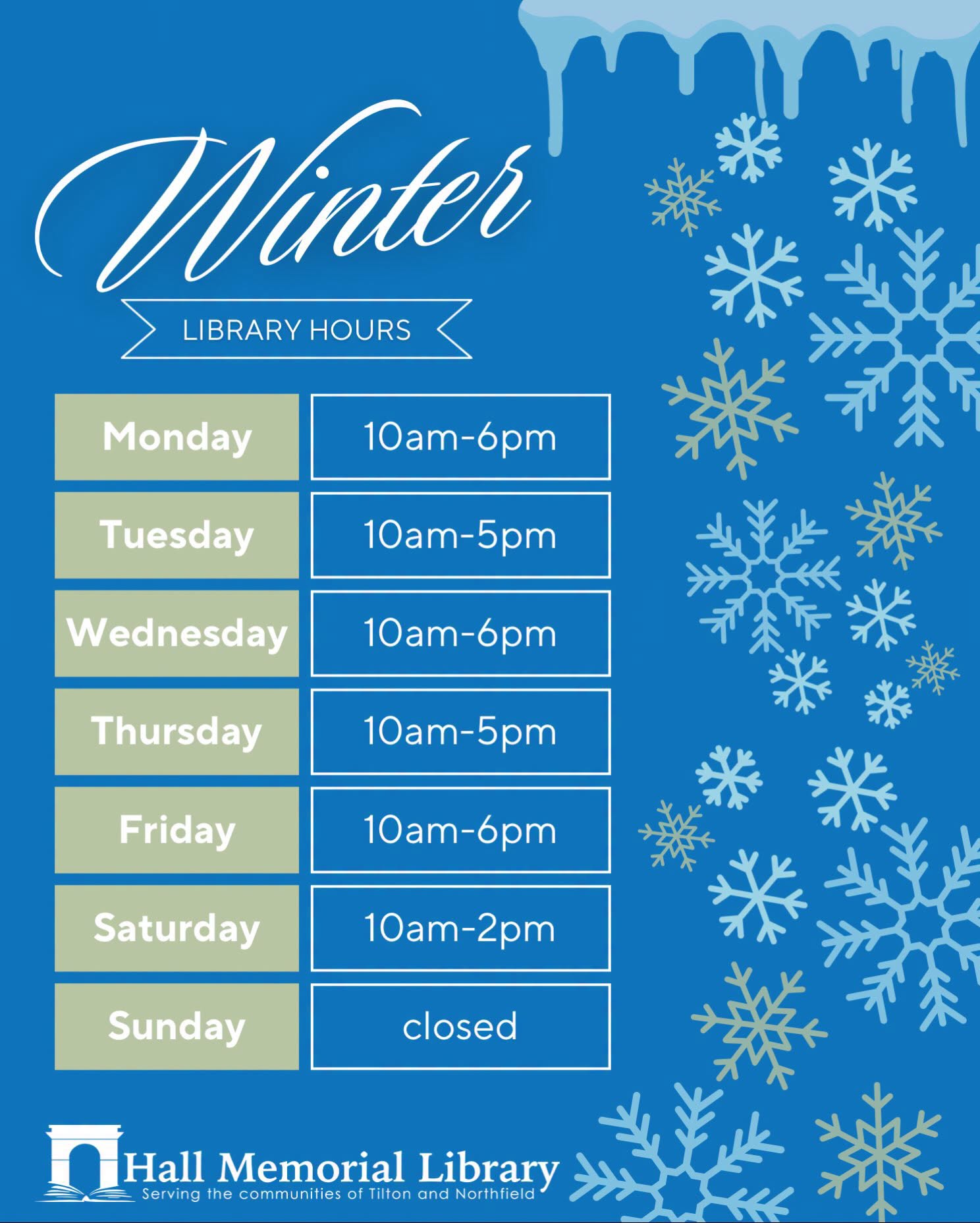 Starting November 1st Hall Memorial Library will be switching over to winter hours!