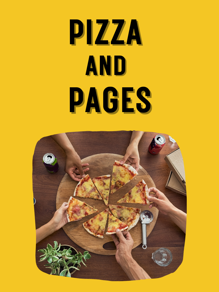 hands grabbing a pizza text says pizza and pages