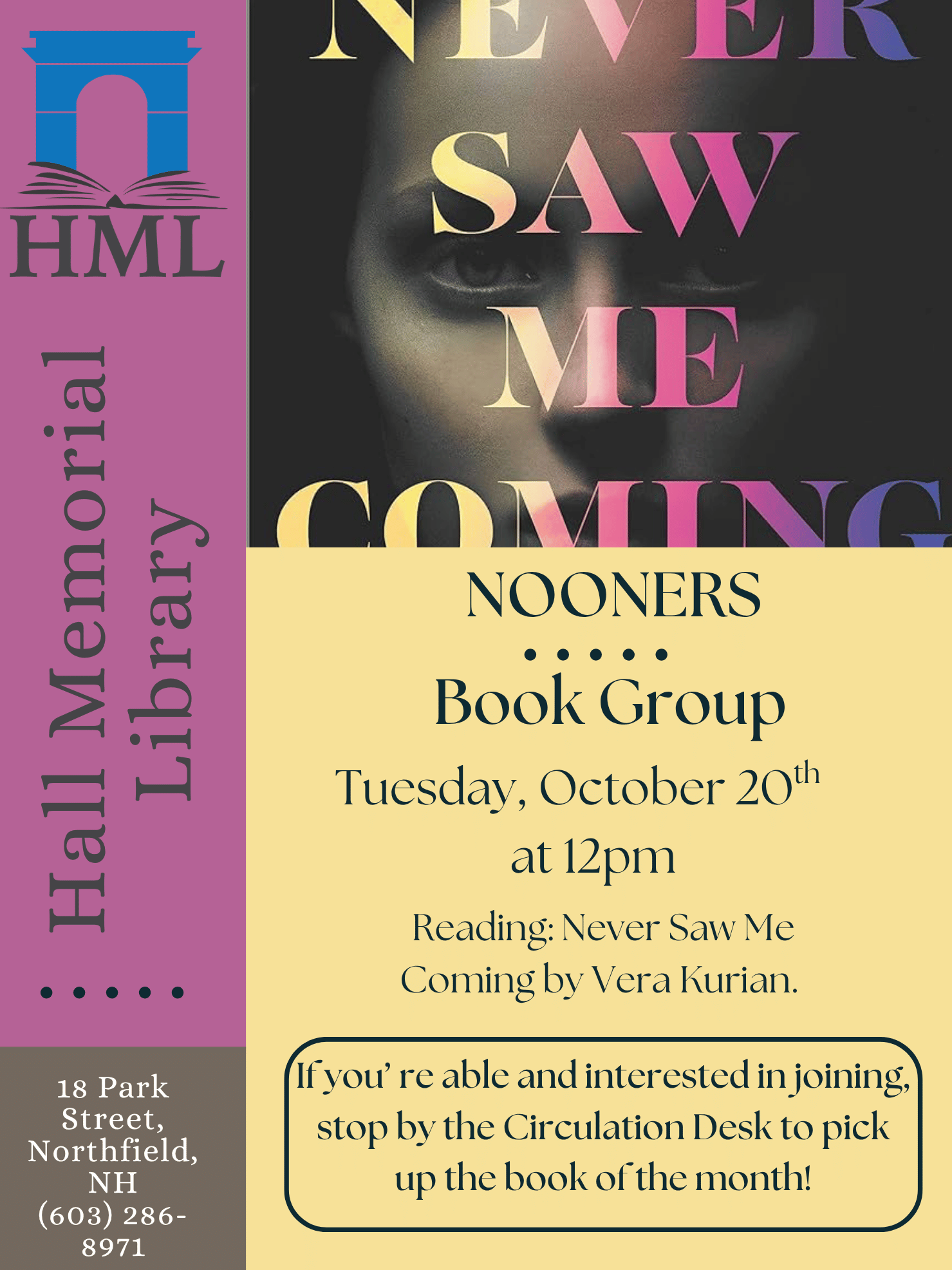 Nooners book club will be discussing Never Saw Me Coming