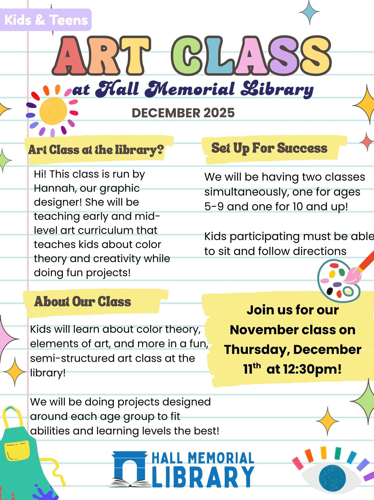 Come learn art at the library! Projects will be catered to ages 5 to 13!