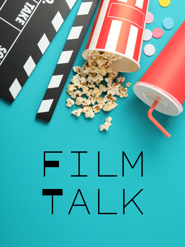 popcorn and drink spilled on image that reads "Film talk"