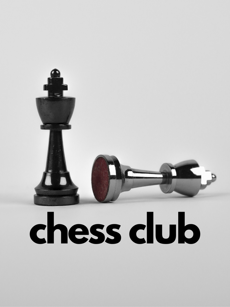 picture of two chess pieces, one knocked over. text reads 'chess club.'