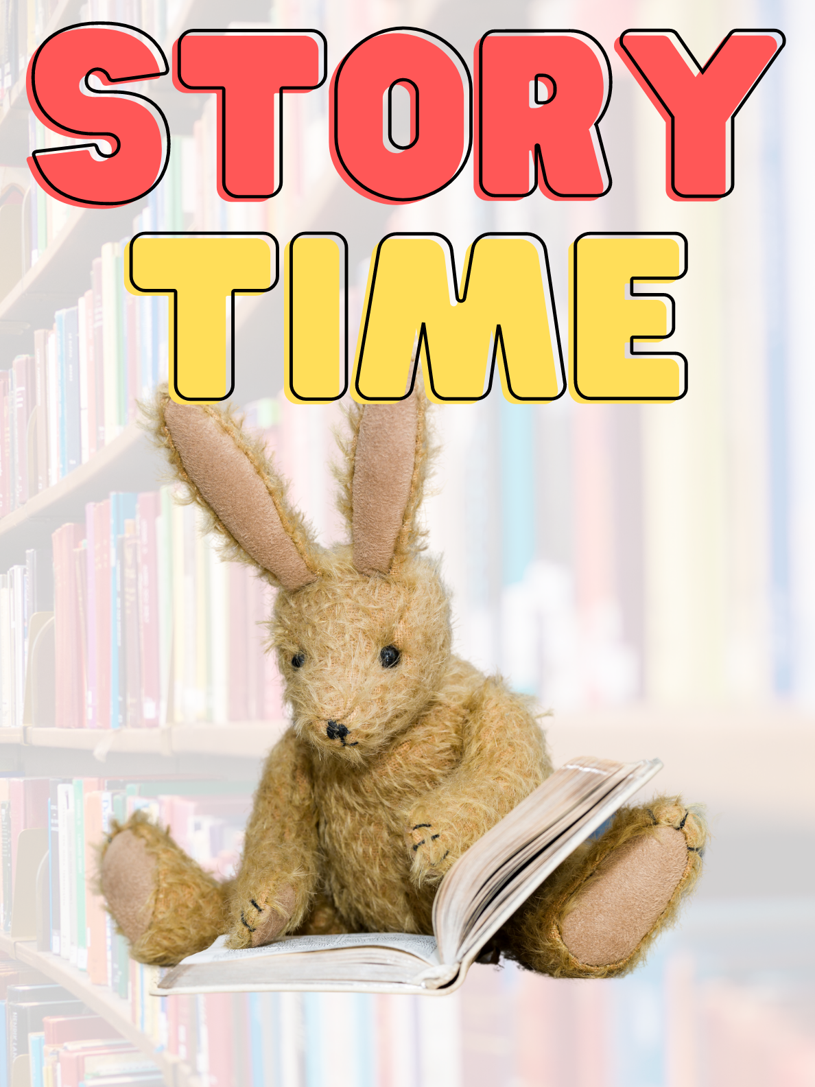 bunny reading a book with the words "story time" above