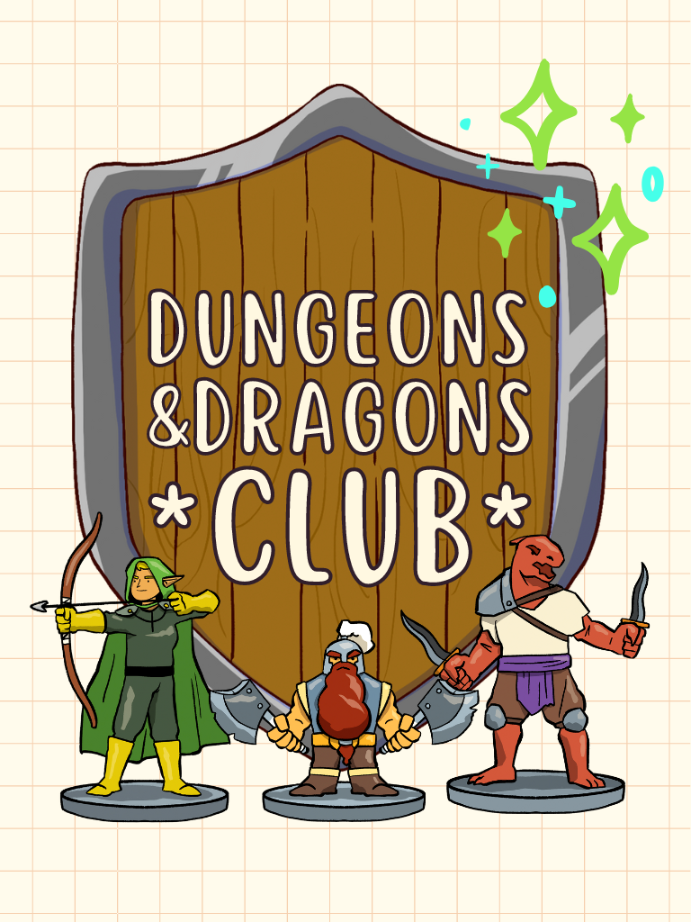 Program title on a cartoon shield, with D&D miniatures.
