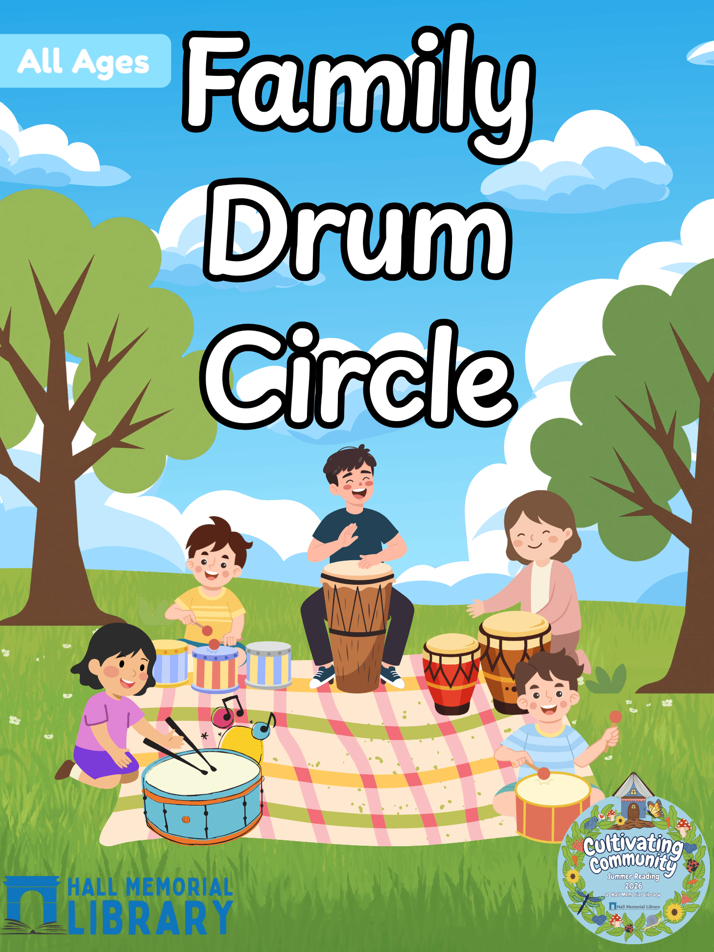 Come get loud with our Family Drum Circle. We'll TRY to get the thythm flowing together outside on the lawn! Come spectate or participate. Buckets are supplied but bring your own if you have one!