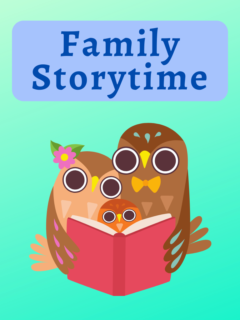 family of owls reading a book. text says "family storytime"