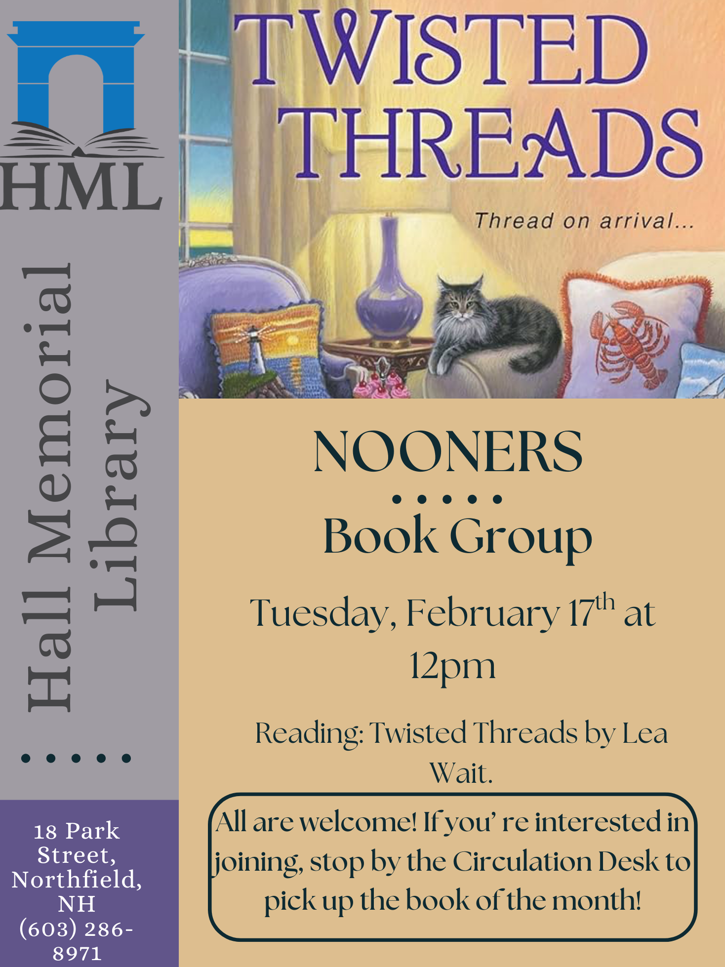 Nooners book club will be discussing Twisted Threads by Lea Wait on 2.17 at 12pm