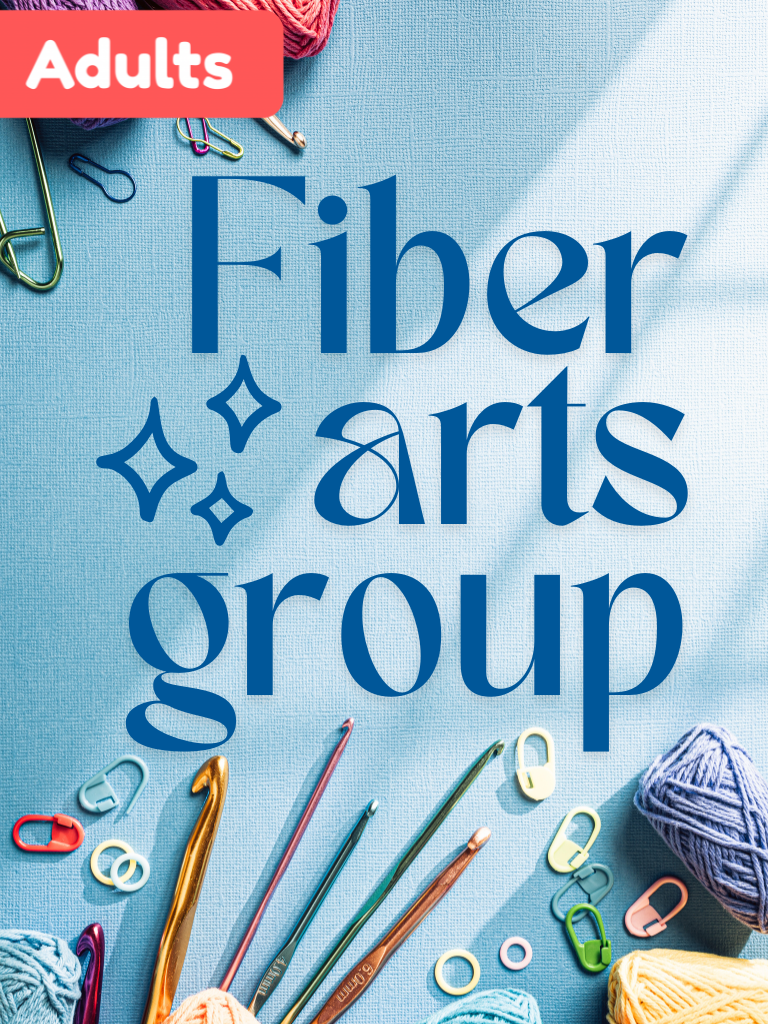 photo of various crochet supplies. text reads "fiber arts group"