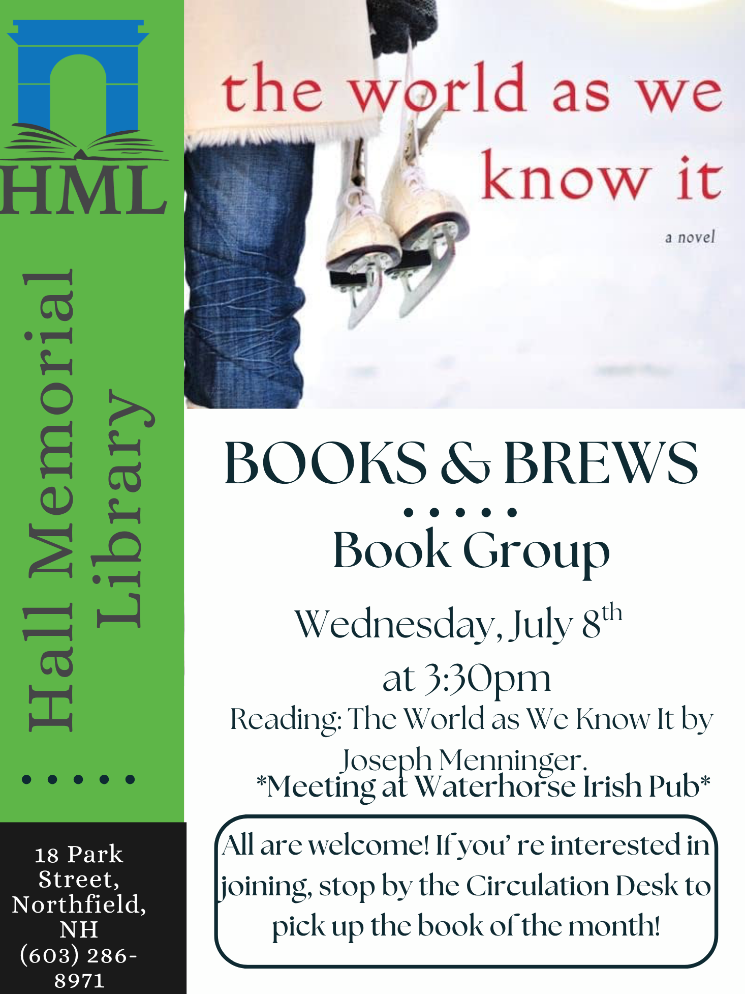 Join us to discuss this month's book, The World as We Know It by Joseph Menninger at the Waterhorse Irish Pub!