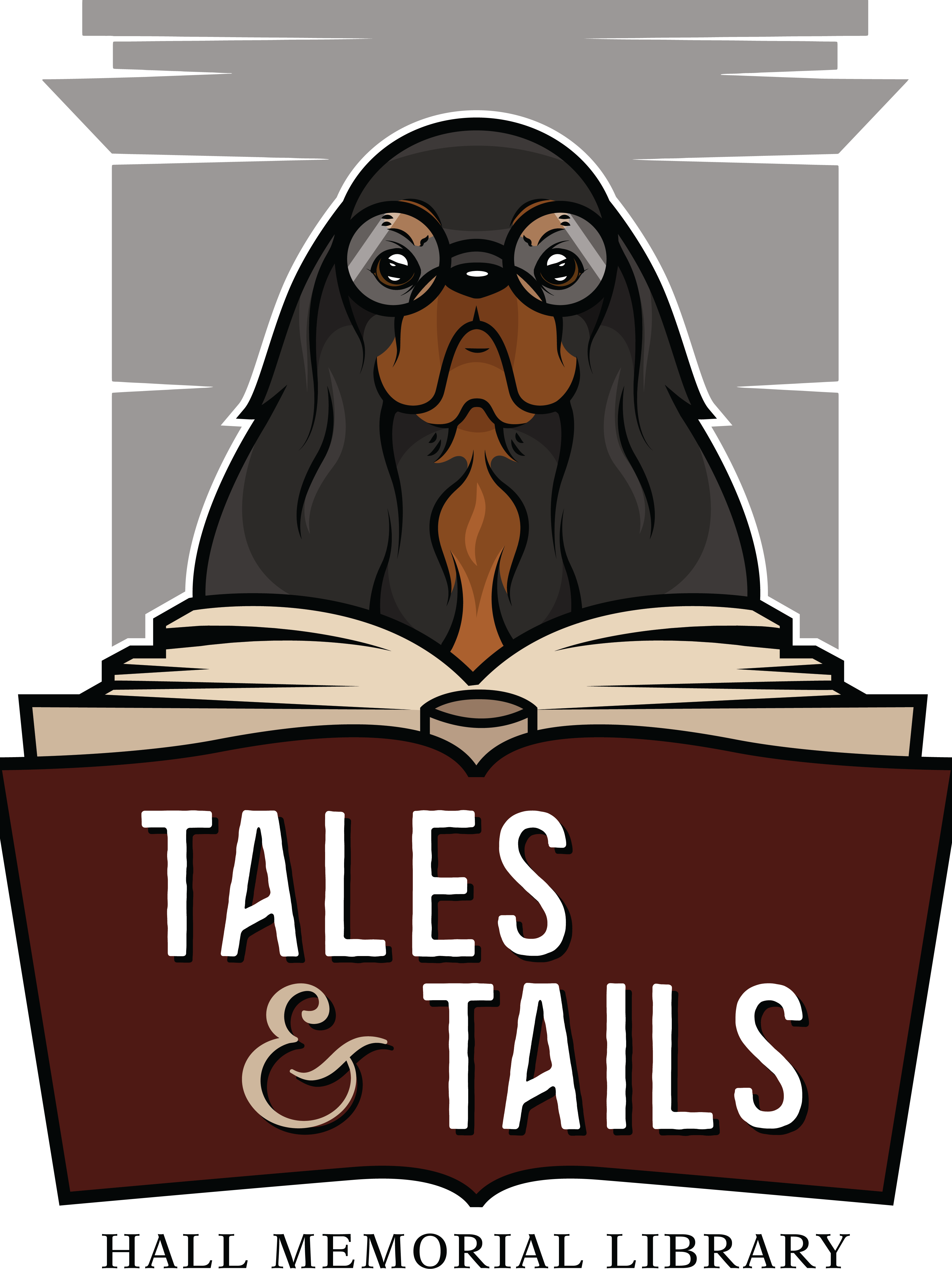 Photo of dog reading a book in front of the Tilton Arch. text on book reads "tales & tails" and bottom text reads "Hall Memorial Library"