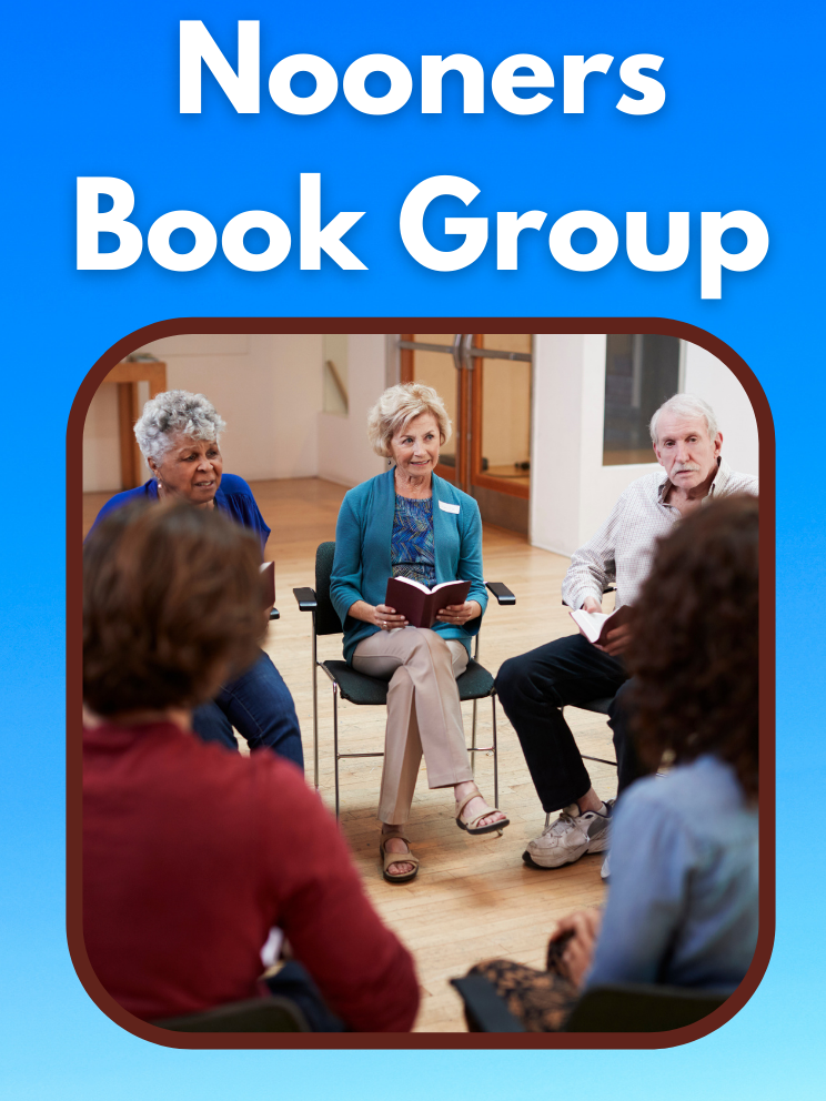 photo of people in a book group, text reads "Nooners Book Group"