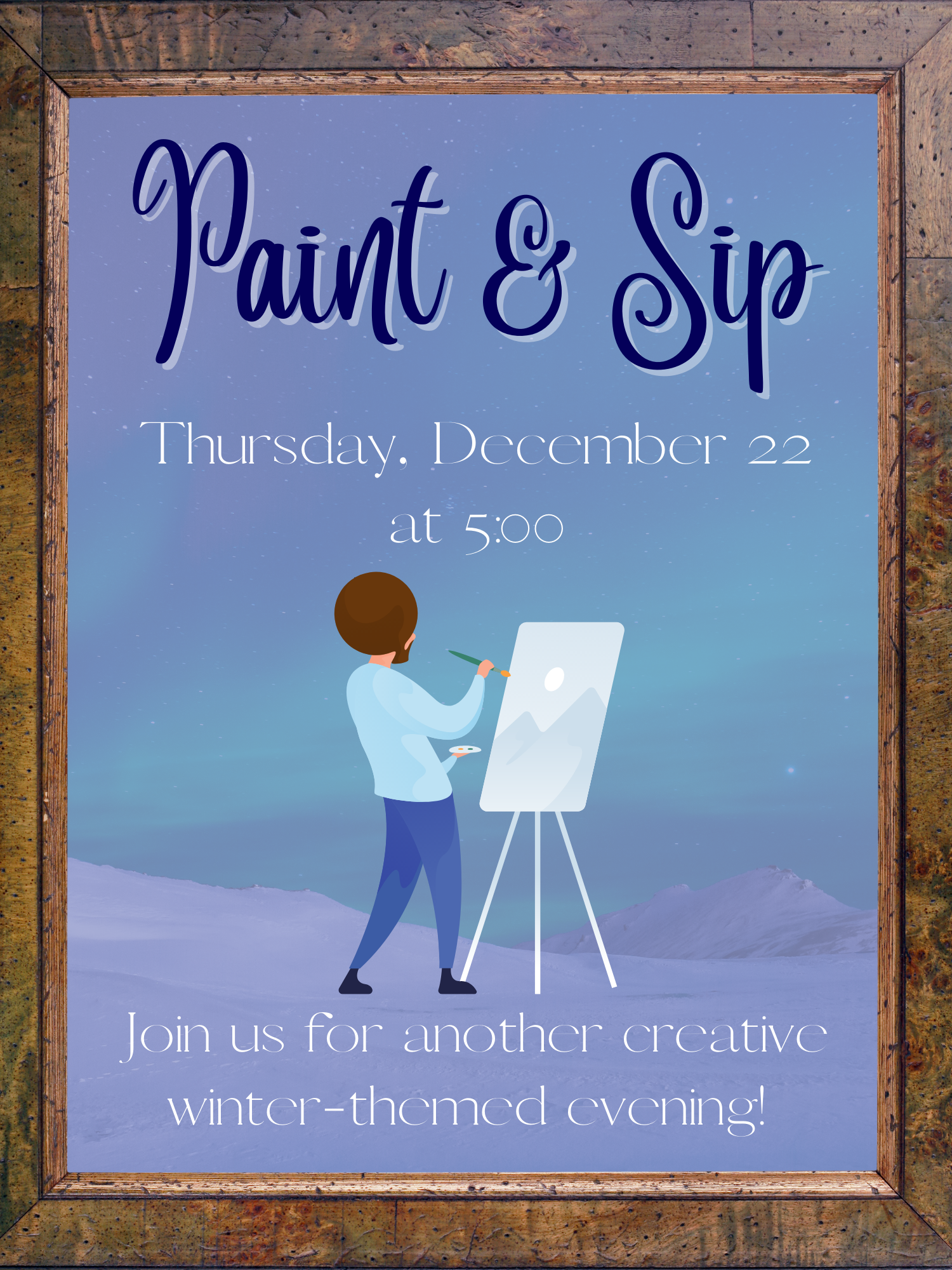 Framed graphic of a winter scene for Paint & Sip in December