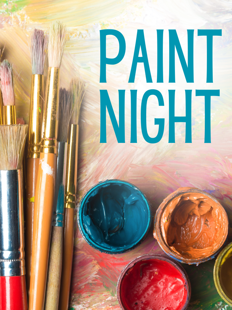 Paint night. brushes and pots of paint.