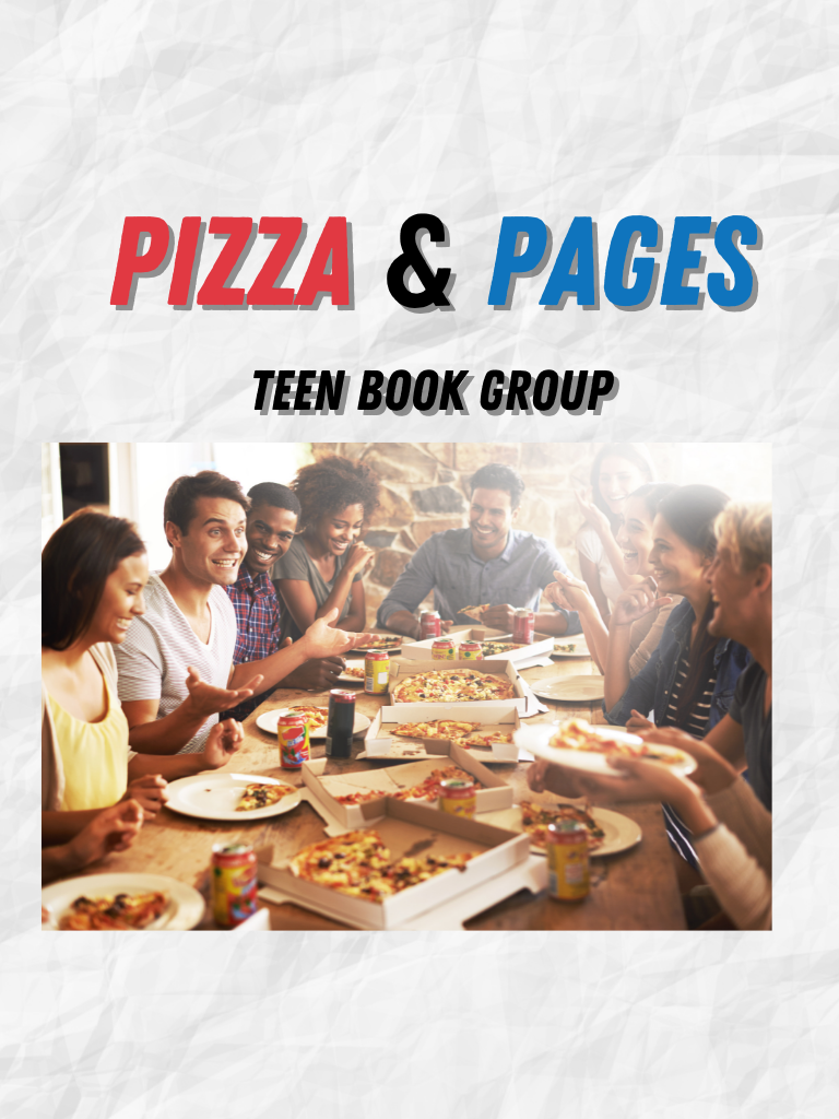 group of people at pizza party. text reads: Pizza & pages, teen book group
