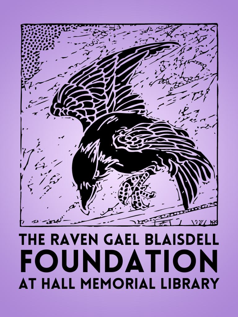 Block-print image of a raven on a purple background. "The Raven Gael Blaisdell Foundation at Hall Memorial Library"
