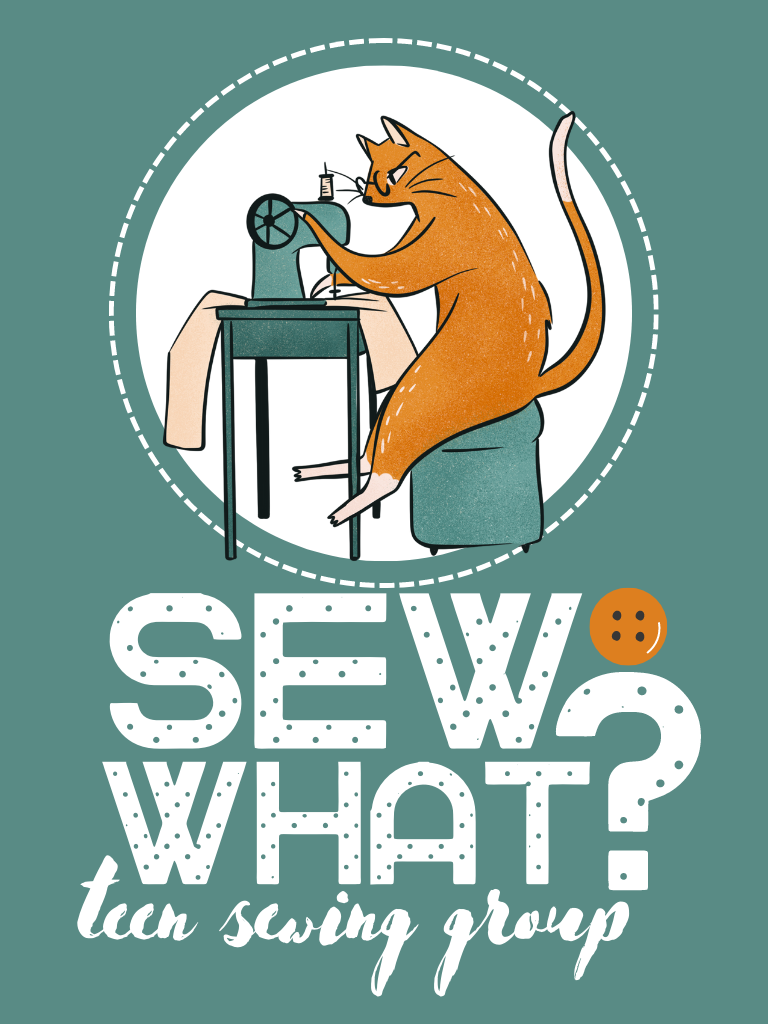 A cat working at a sewing machine. "Sew What?"