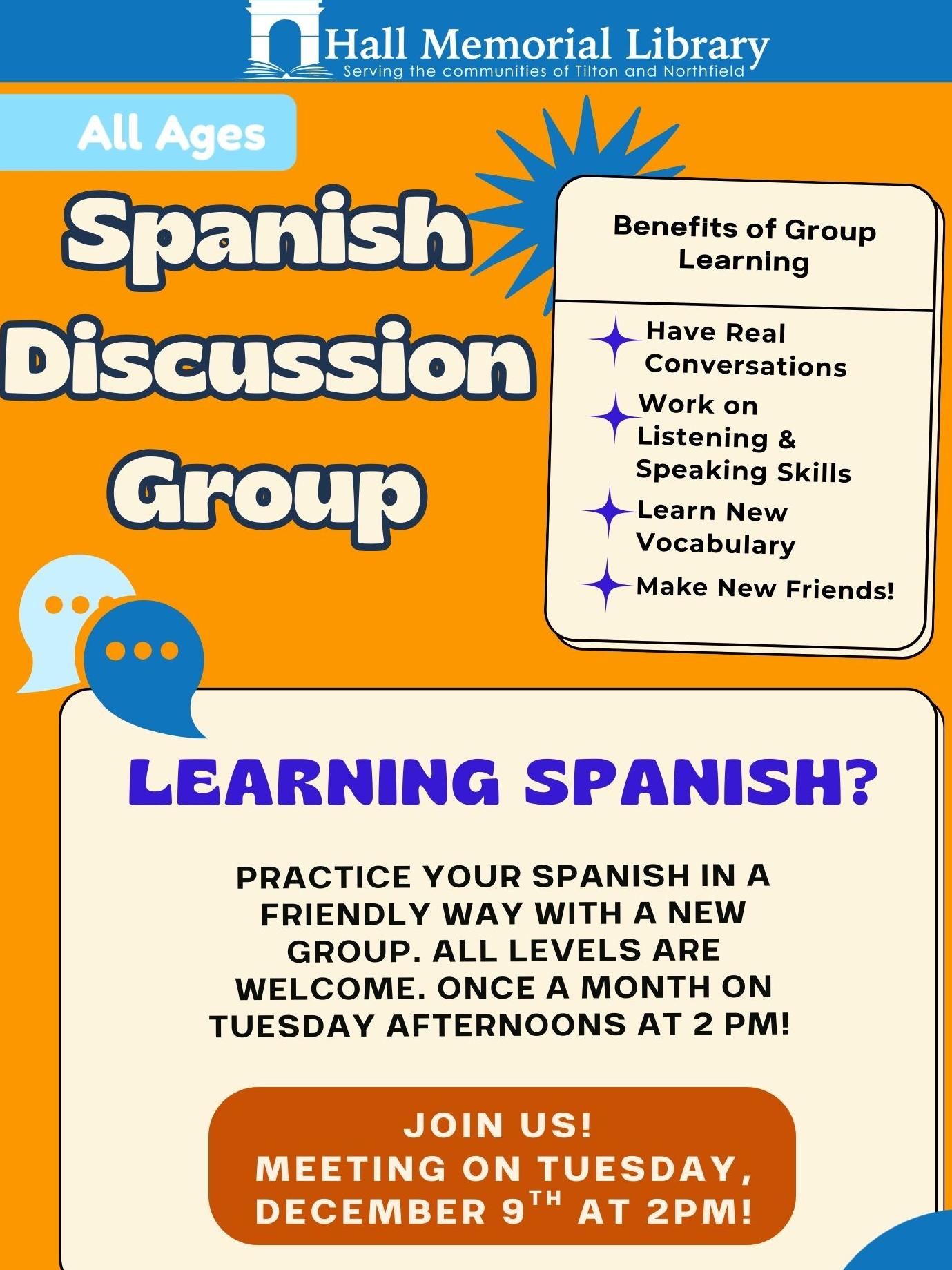 Spanish Discussion Group meets on 12/9 at 2pm