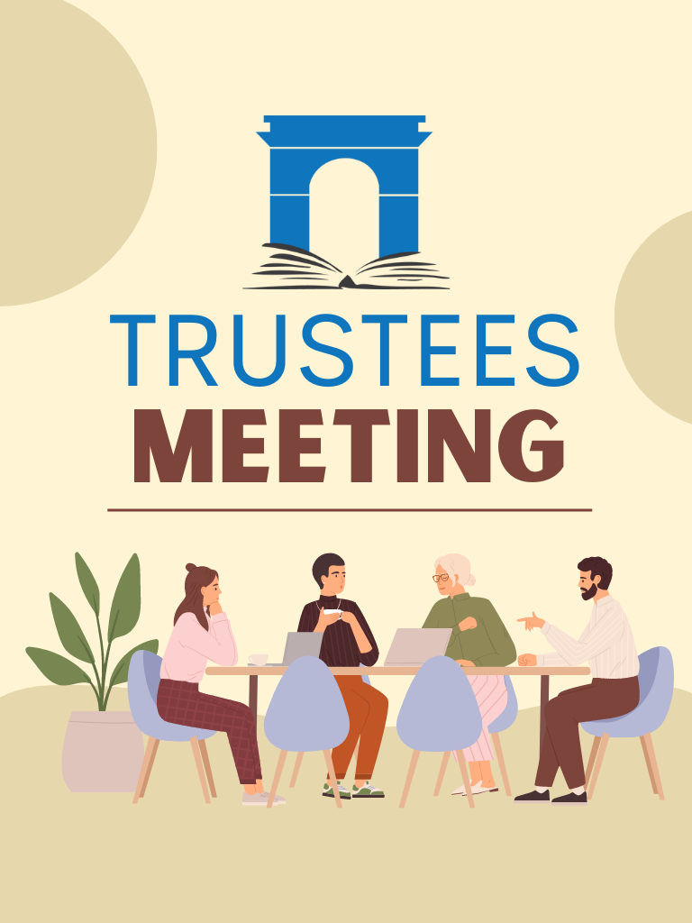 Library logo and illustration of people at a meeting. "Trustees Meeting"