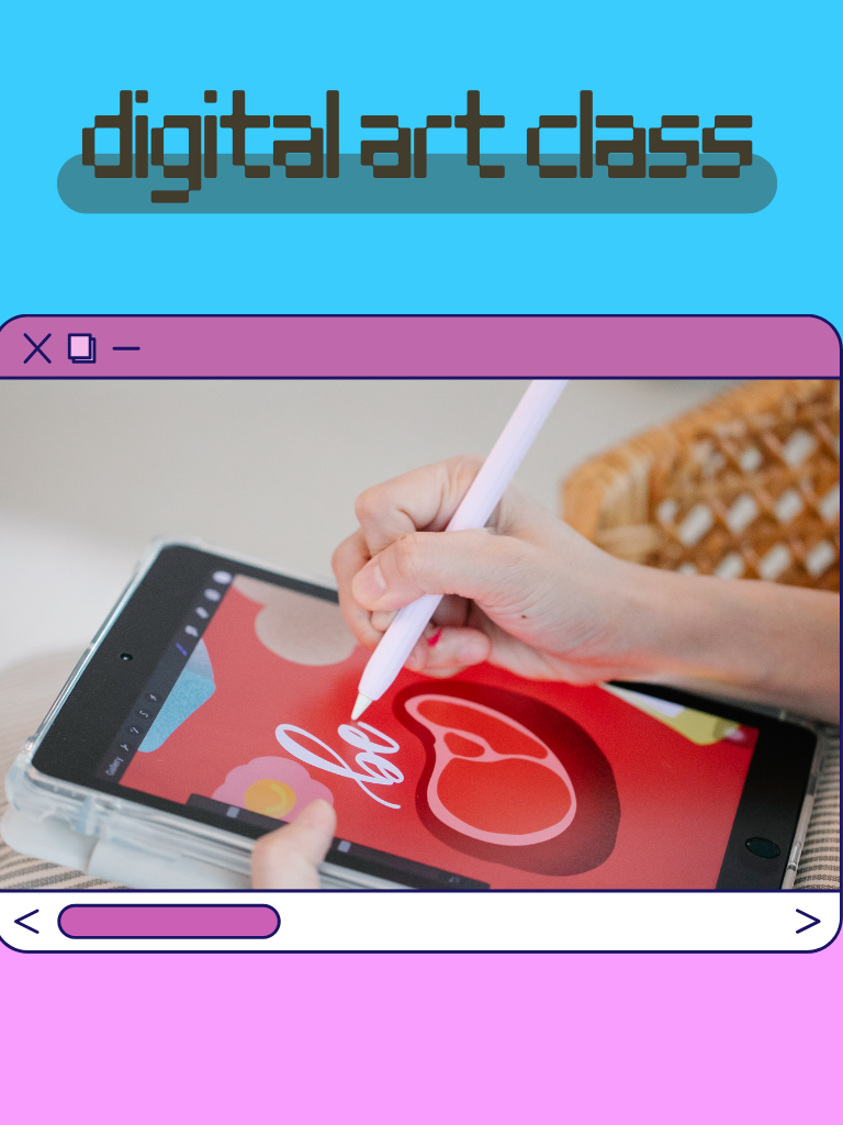 Photo of someone drawing on an Ipad. text reads "digital art class"