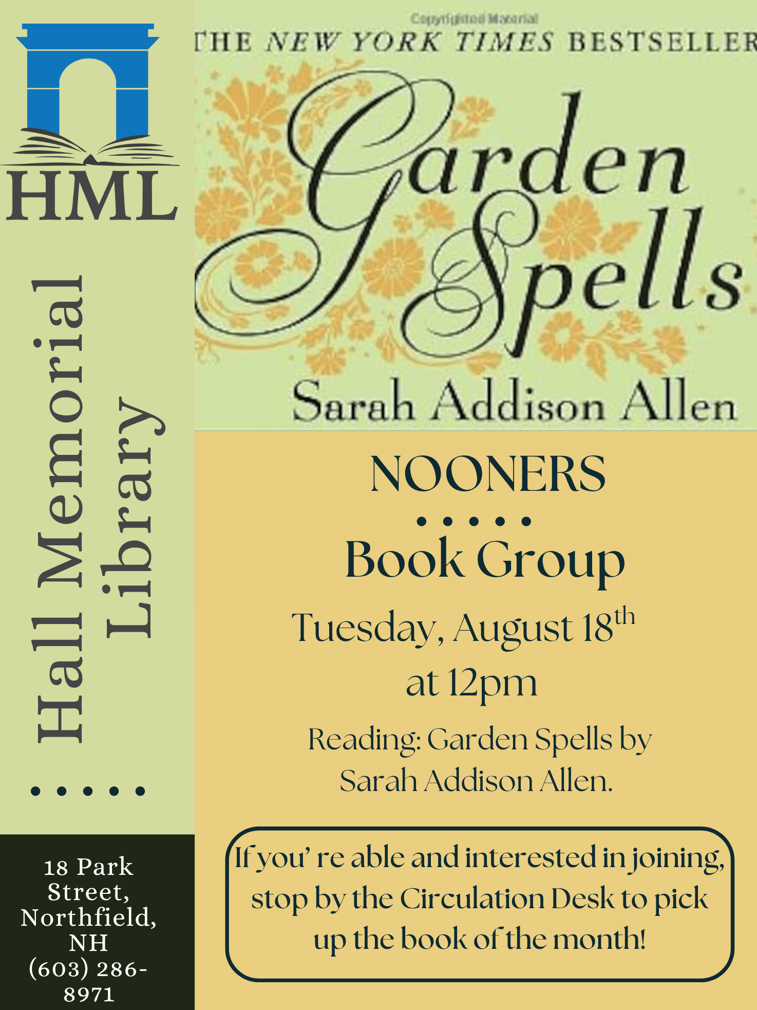 Nooners book club will be discussing Garden Spells