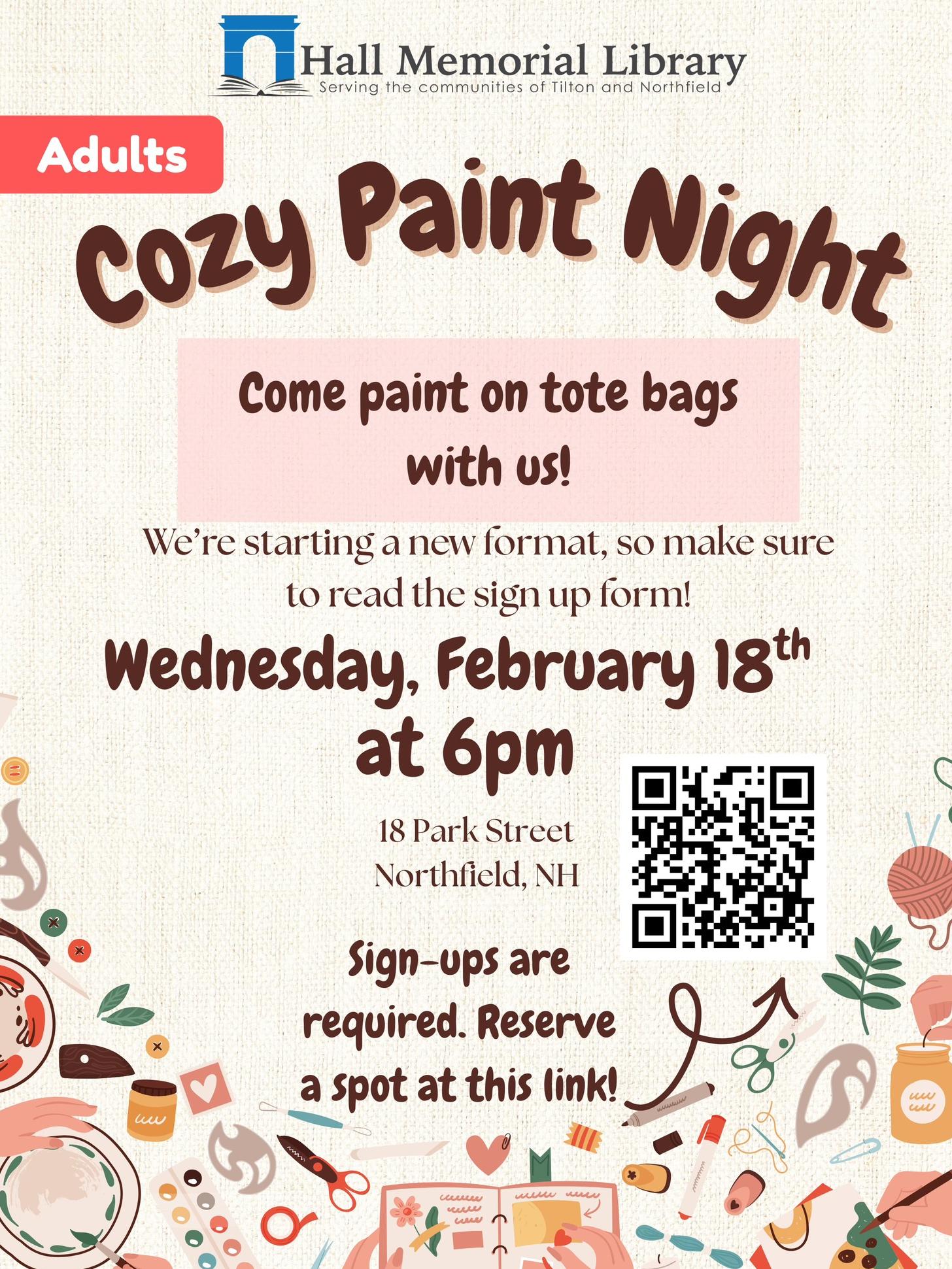 cozy paint night, tote bags on 2.18 at 6pm