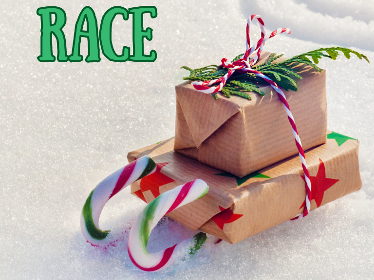 a sled made of candy canes and packages, text reads "candy sled race"