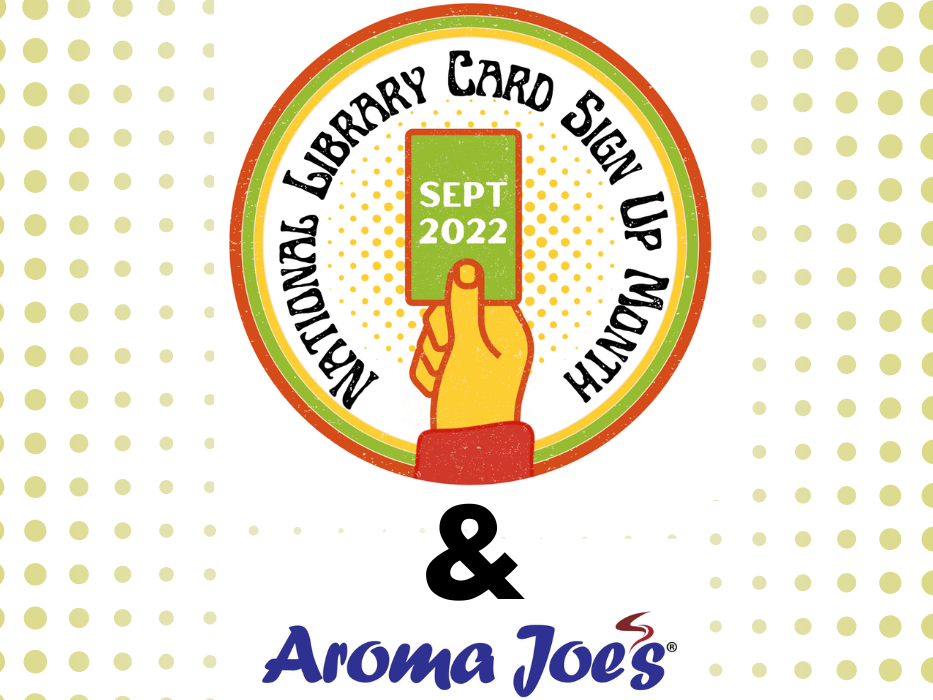 photo of hand holding a library card and the aroma joe's logo